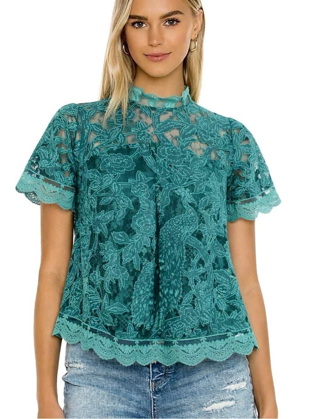 Teal Lace a-line high neck top by Anthropologie HD in Paris.